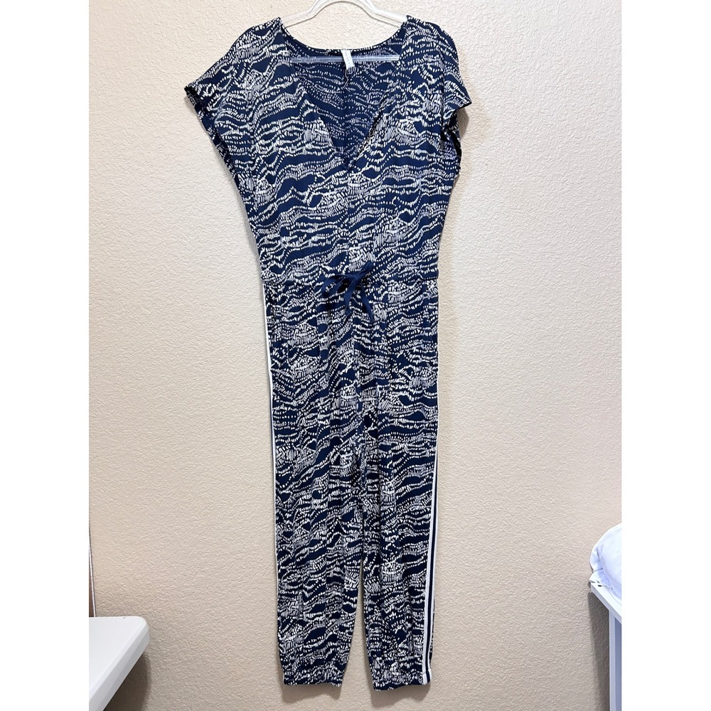 Daily Practice SP Anthropologie Navy Wavy Print Side Stripe Jogger Jumpsuit
